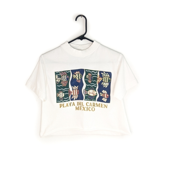 Vintage Tops - Vintage 90s Fish Folk Art Playa Del Carmen Mexico Cropped Tee